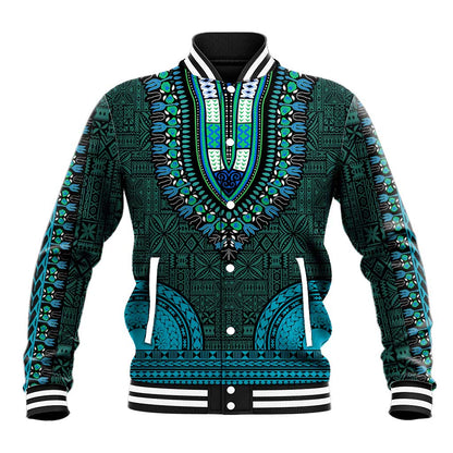 Teal Dashiki and Tapa Pattern Baseball Jacket Africa-Polynesia Together Culture
