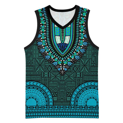 Teal Dashiki and Tapa Pattern Basketball Jersey Africa-Polynesia Together Culture LT9