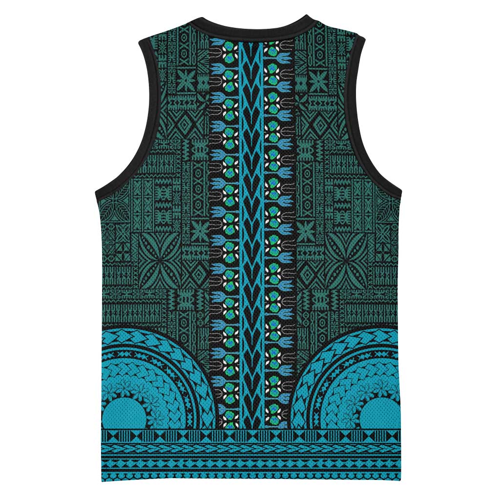 Teal Dashiki and Tapa Pattern Basketball Jersey Africa-Polynesia Together Culture LT9