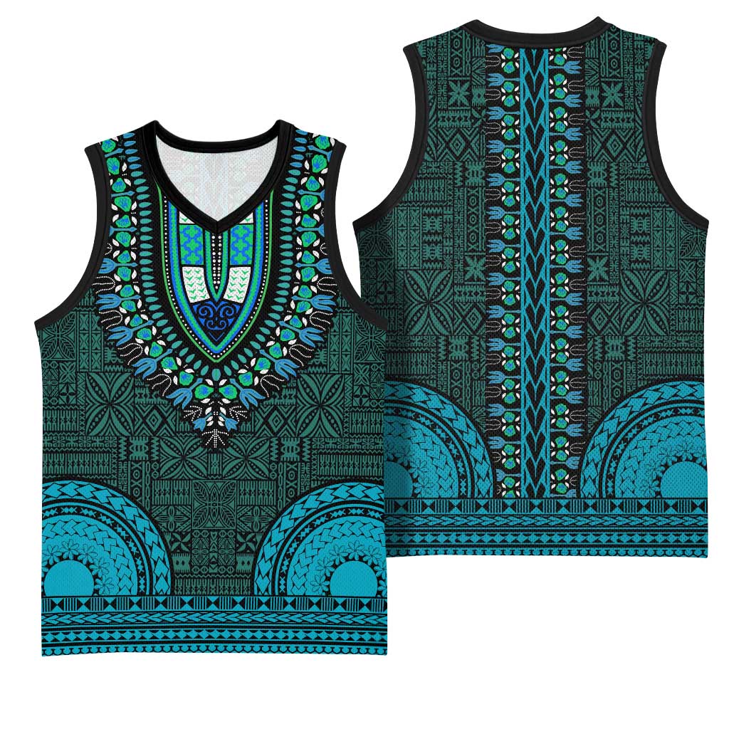 Teal Dashiki and Tapa Pattern Basketball Jersey Africa-Polynesia Together Culture LT9