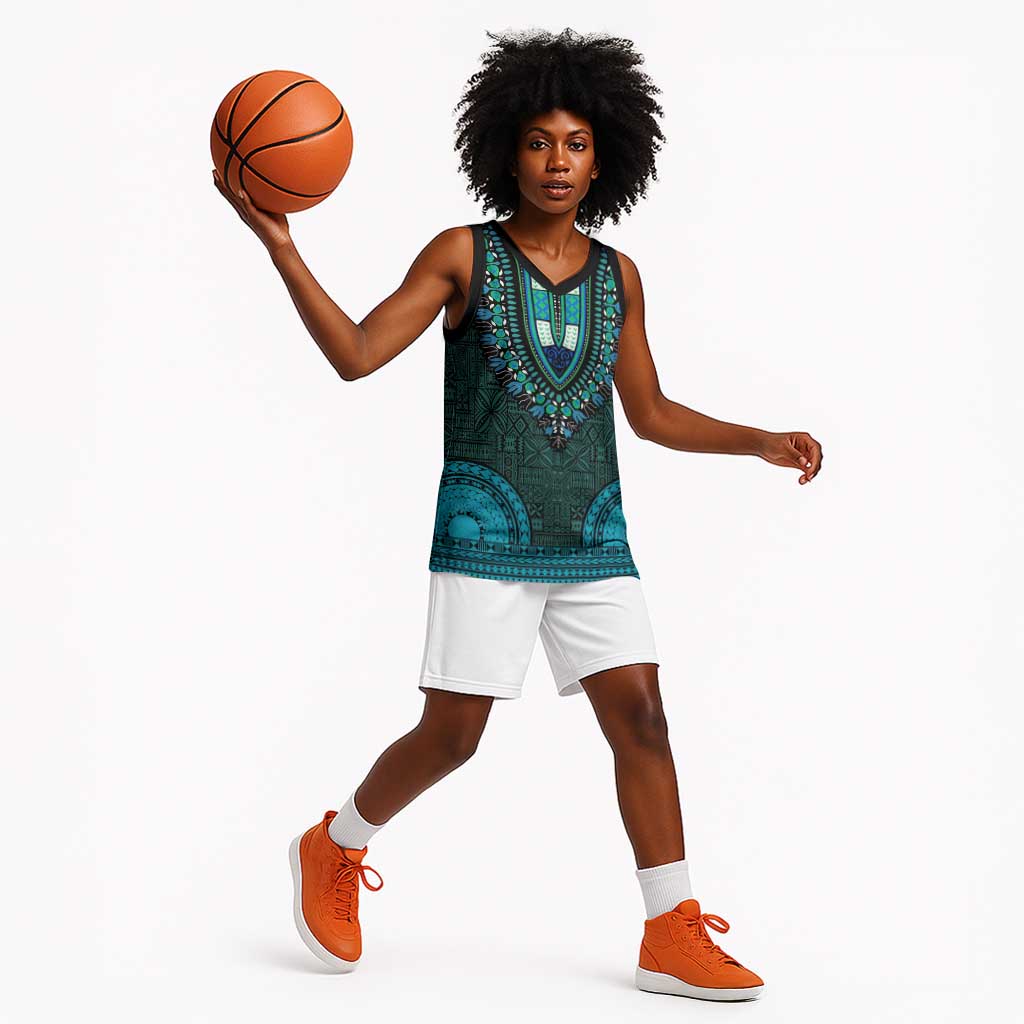 Teal Dashiki and Tapa Pattern Basketball Jersey Africa-Polynesia Together Culture LT9