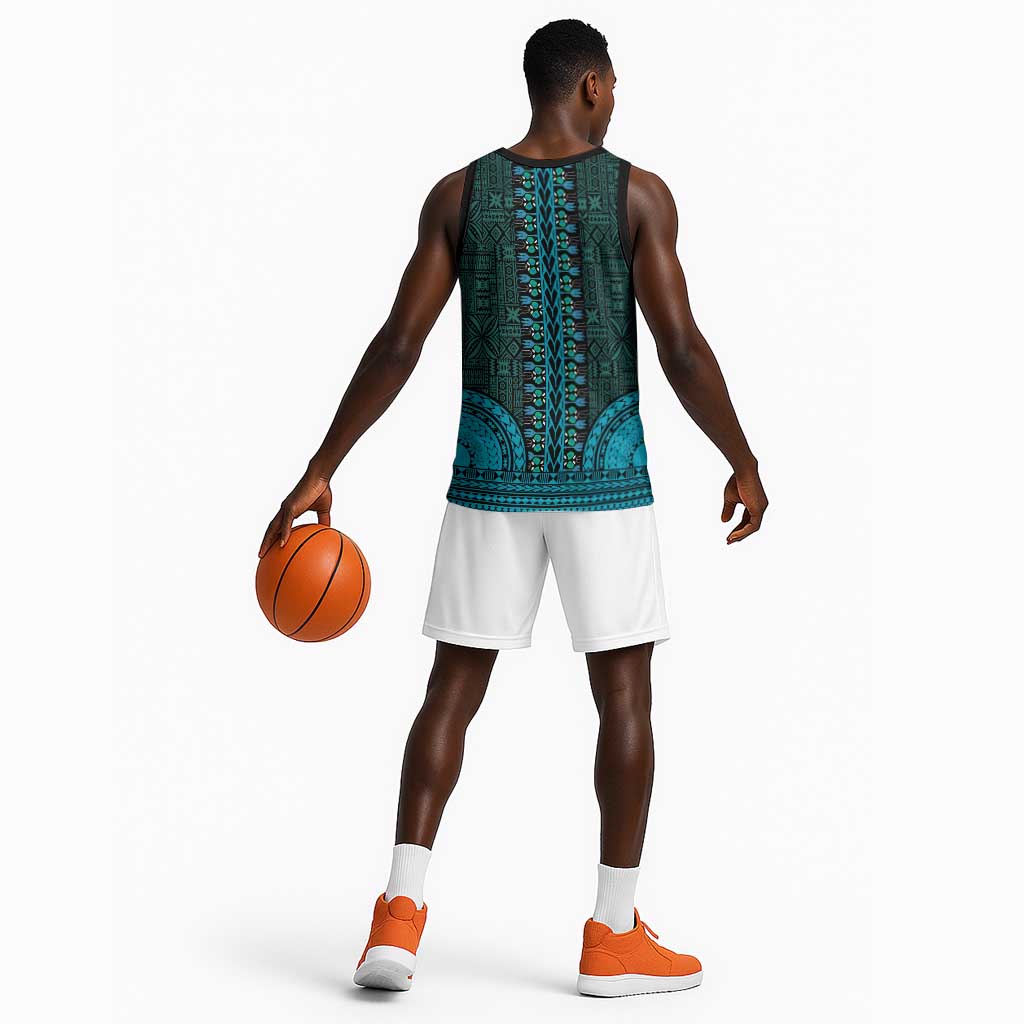 Teal Dashiki and Tapa Pattern Basketball Jersey Africa-Polynesia Together Culture LT9