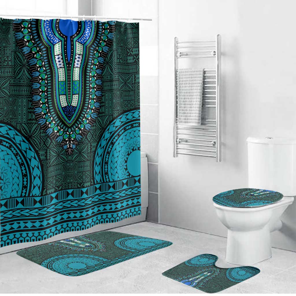 Teal Dashiki and Tapa Pattern Bathroom Set Africa-Polynesia Together Culture