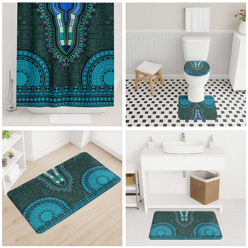 Teal Dashiki and Tapa Pattern Bathroom Set Africa-Polynesia Together Culture