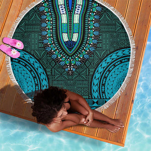 Teal Dashiki and Tapa Pattern Beach Blanket Africa-Polynesia Together Culture