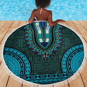 Teal Dashiki and Tapa Pattern Beach Blanket Africa-Polynesia Together Culture