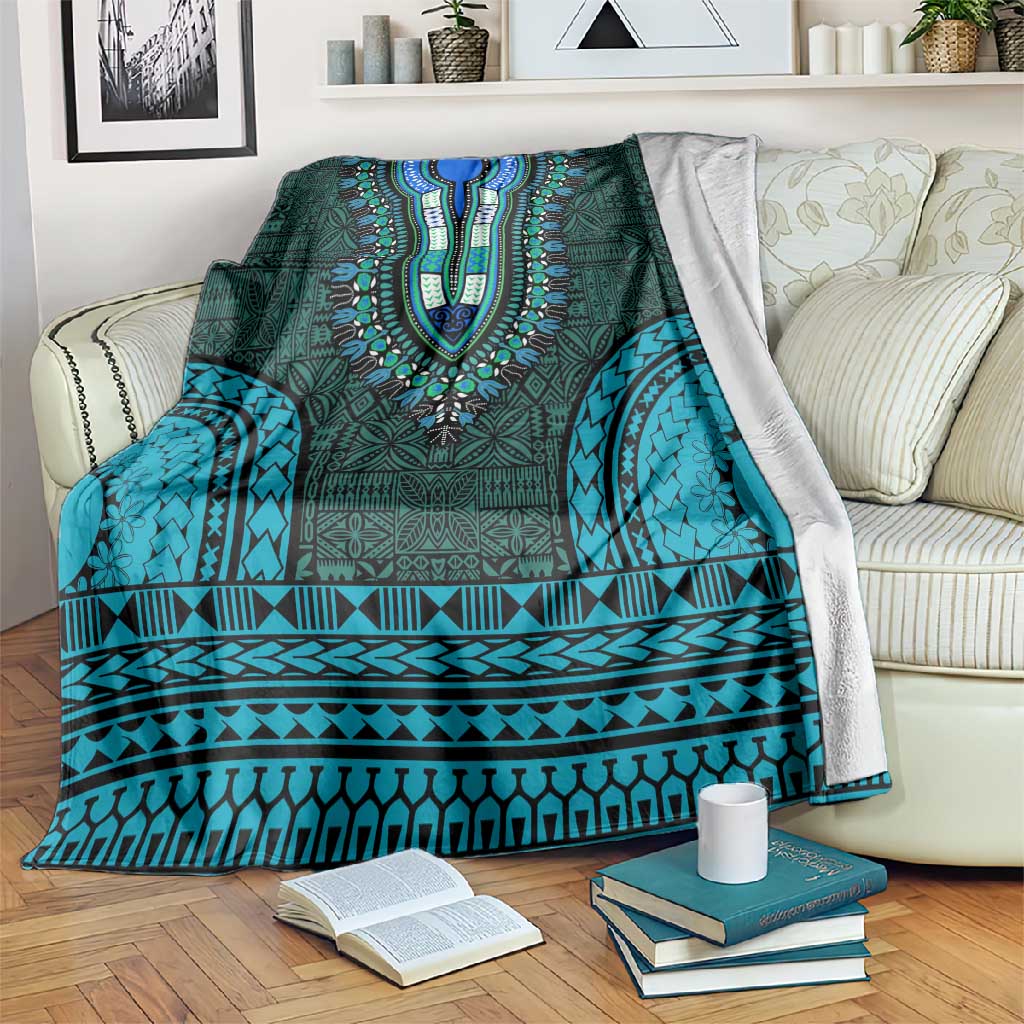 Teal Dashiki and Tapa Pattern Blanket Africa-Polynesia Together Culture