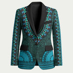 Teal Dashiki and Tapa Pattern Blazer Africa-Polynesia Together Culture