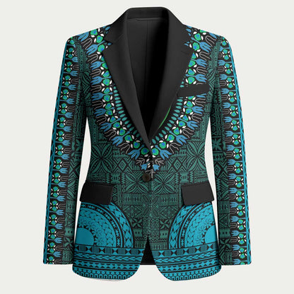 Teal Dashiki and Tapa Pattern Blazer Africa-Polynesia Together Culture