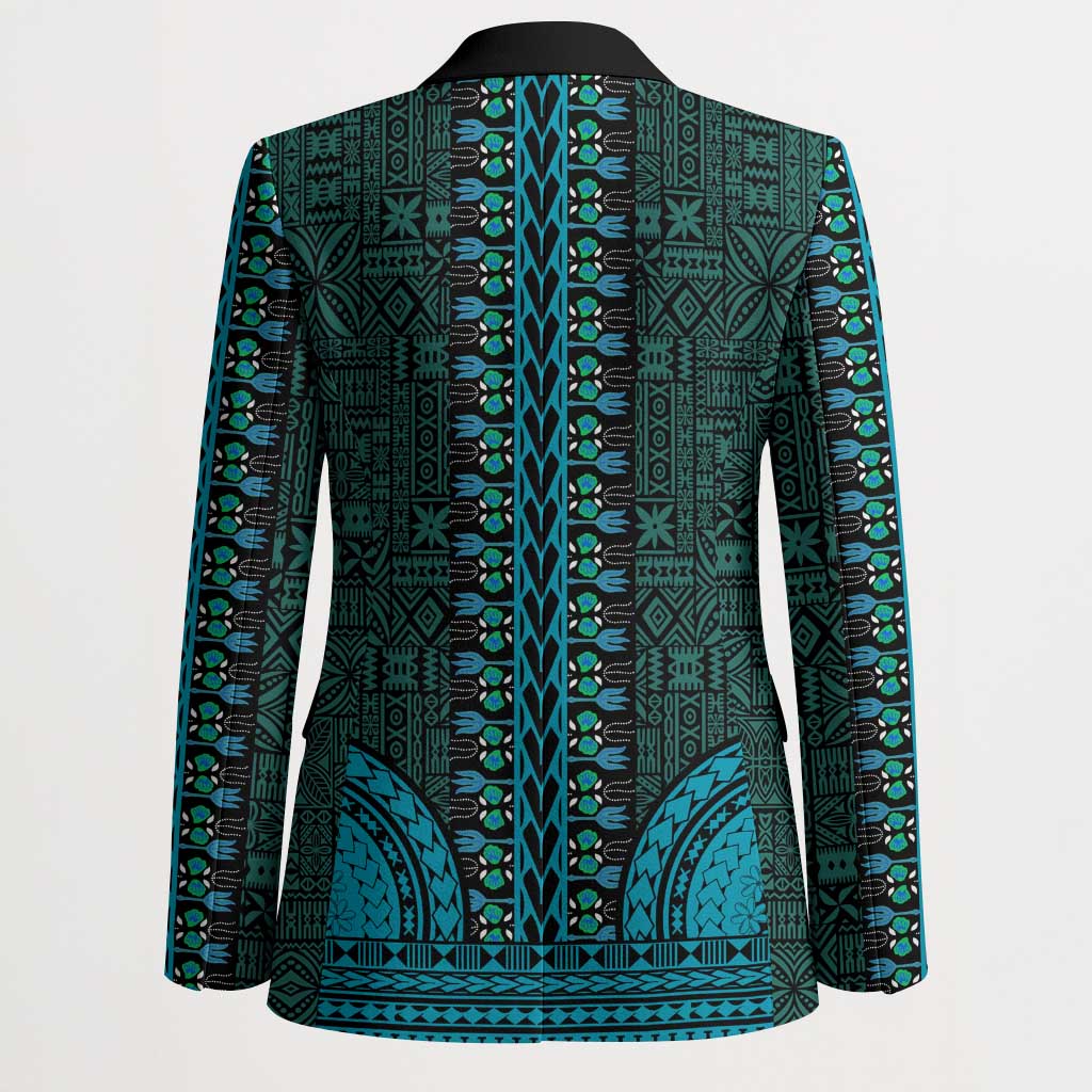 Teal Dashiki and Tapa Pattern Blazer Africa-Polynesia Together Culture