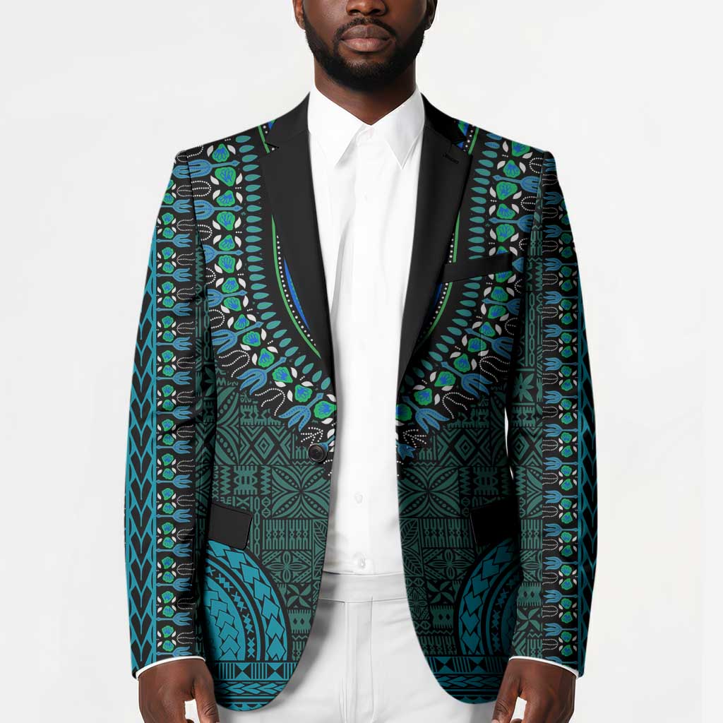 Teal Dashiki and Tapa Pattern Blazer Africa-Polynesia Together Culture