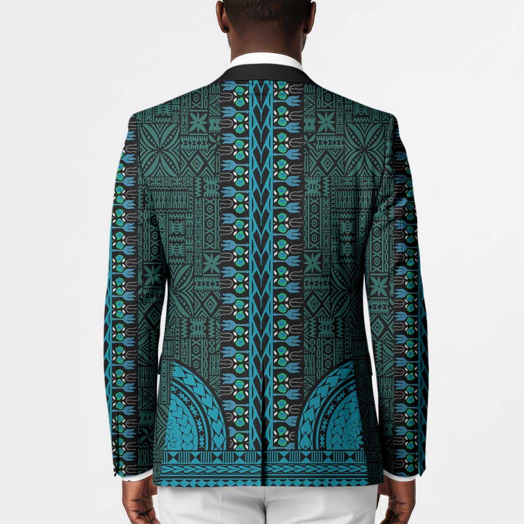 Teal Dashiki and Tapa Pattern Blazer Africa-Polynesia Together Culture