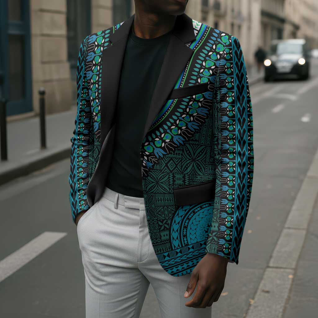 Teal Dashiki and Tapa Pattern Blazer Africa-Polynesia Together Culture