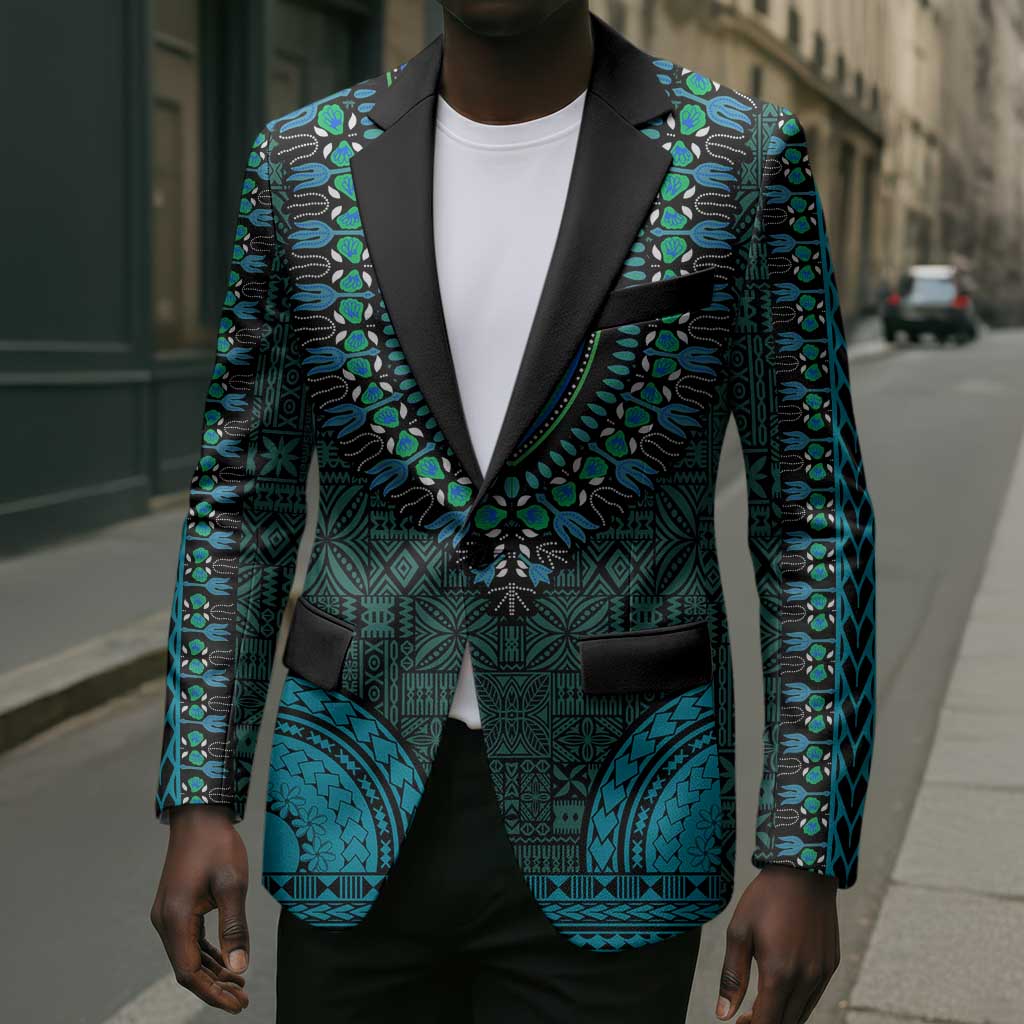 Teal Dashiki and Tapa Pattern Blazer Africa-Polynesia Together Culture