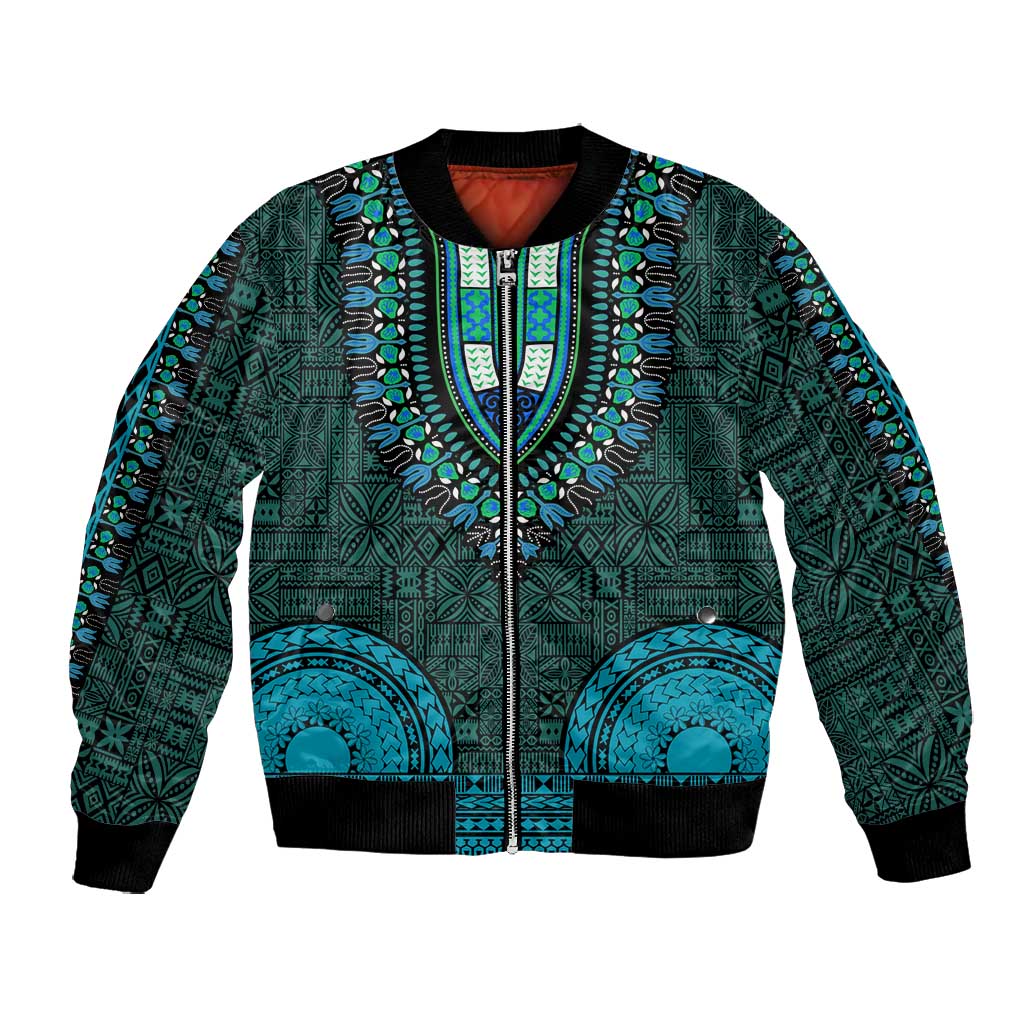 Teal Dashiki and Tapa Pattern Bomber Jacket Africa-Polynesia Together Culture