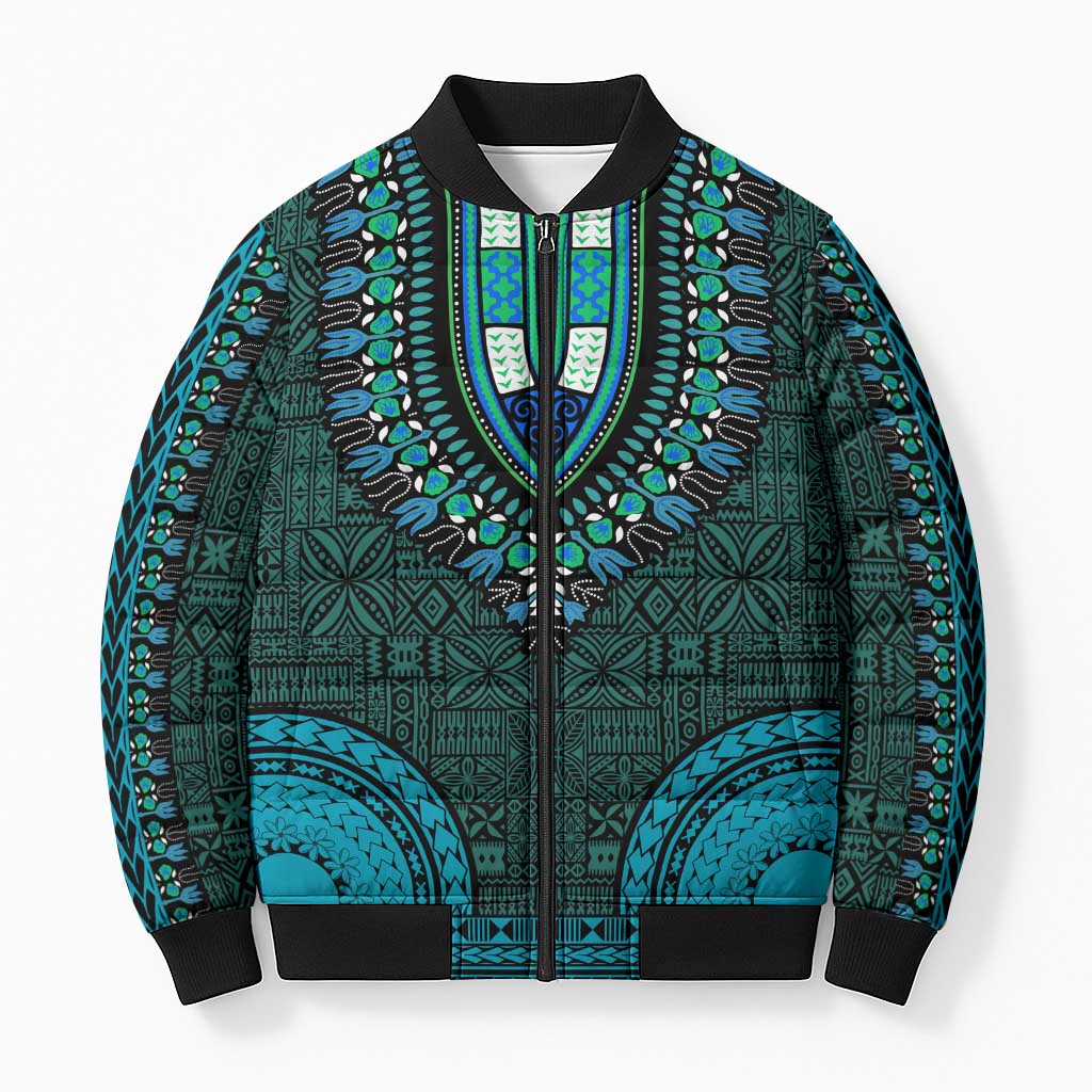 Teal Dashiki and Tapa Pattern Bomber Puffer Jacket Africa-Polynesia Together Culture