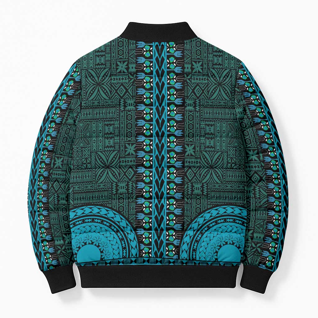 Teal Dashiki and Tapa Pattern Bomber Puffer Jacket Africa-Polynesia Together Culture