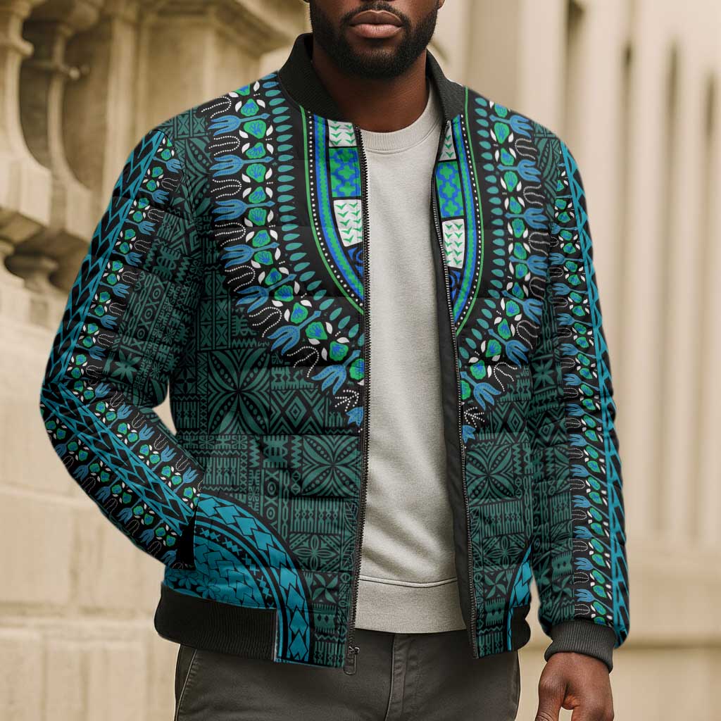 Teal Dashiki and Tapa Pattern Bomber Puffer Jacket Africa-Polynesia Together Culture