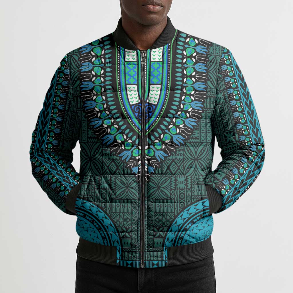 Teal Dashiki and Tapa Pattern Bomber Puffer Jacket Africa-Polynesia Together Culture