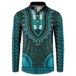 Teal Dashiki and Tapa Pattern Button Sweatshirt Africa-Polynesia Together Culture