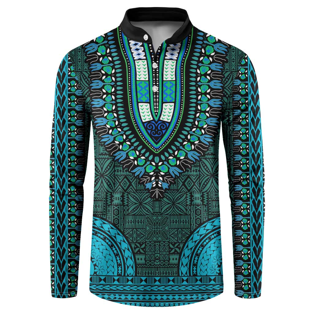 Teal Dashiki and Tapa Pattern Button Sweatshirt Africa-Polynesia Together Culture