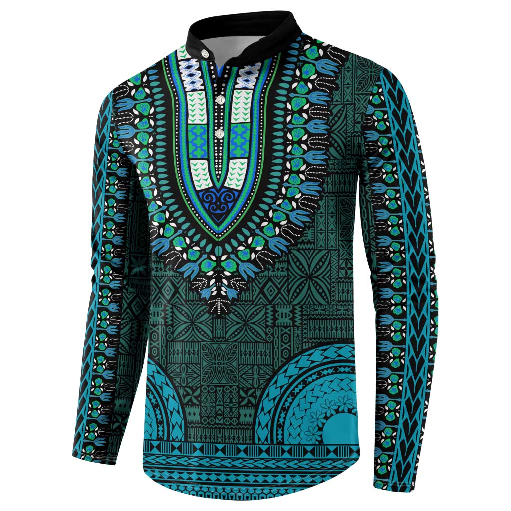 Teal Dashiki and Tapa Pattern Button Sweatshirt Africa-Polynesia Together Culture