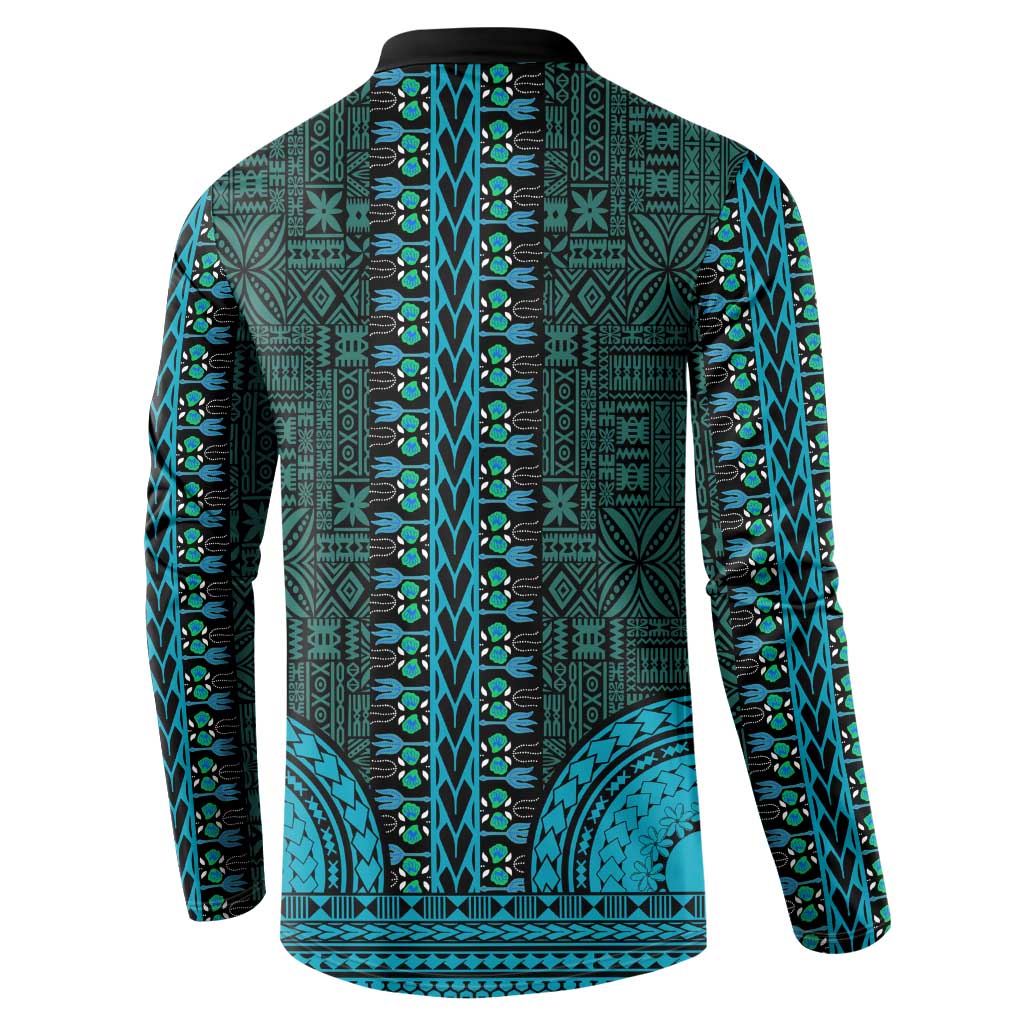 Teal Dashiki and Tapa Pattern Button Sweatshirt Africa-Polynesia Together Culture