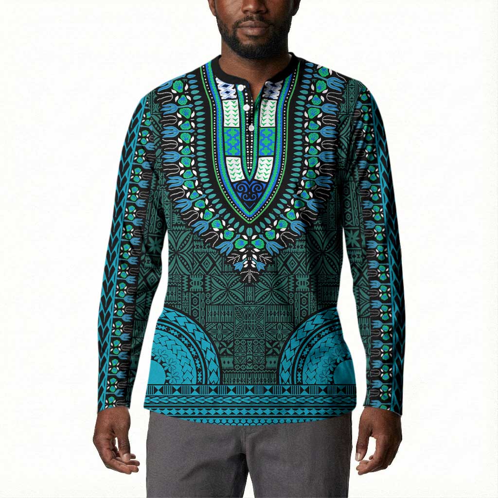 Teal Dashiki and Tapa Pattern Button Sweatshirt Africa-Polynesia Together Culture