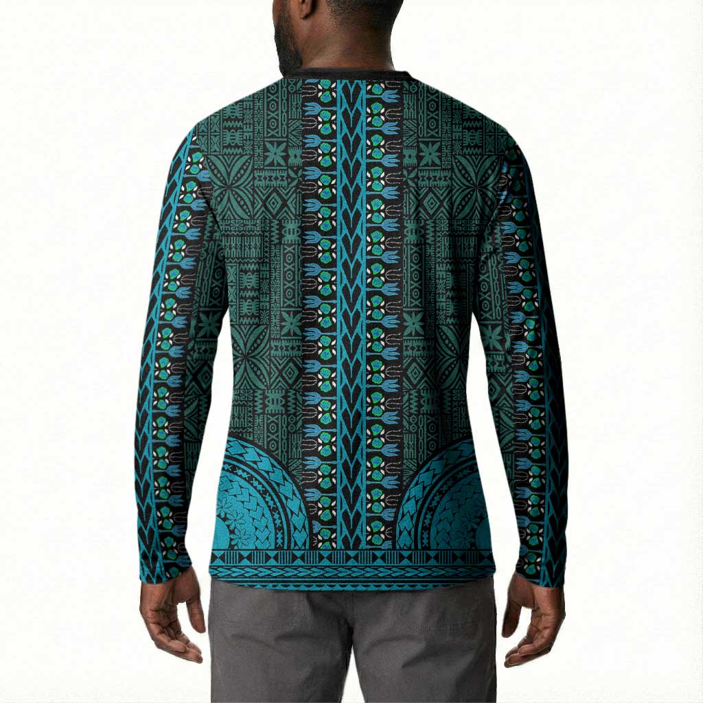 Teal Dashiki and Tapa Pattern Button Sweatshirt Africa-Polynesia Together Culture