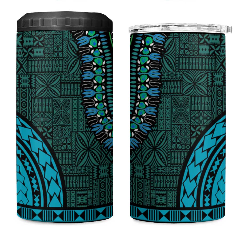 Teal Dashiki and Tapa Pattern 4 in 1 Can Cooler Tumbler Africa-Polynesia Together Culture