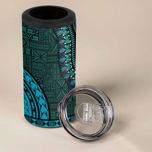 Teal Dashiki and Tapa Pattern 4 in 1 Can Cooler Tumbler Africa-Polynesia Together Culture