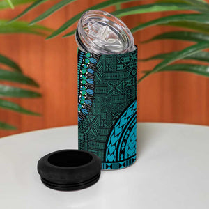 Teal Dashiki and Tapa Pattern 4 in 1 Can Cooler Tumbler Africa-Polynesia Together Culture