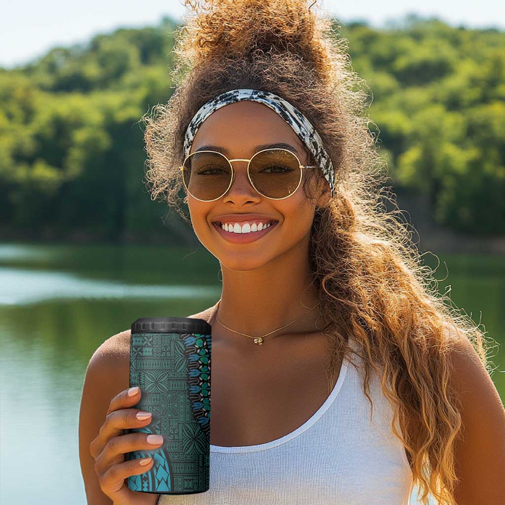 Teal Dashiki and Tapa Pattern 4 in 1 Can Cooler Tumbler Africa-Polynesia Together Culture