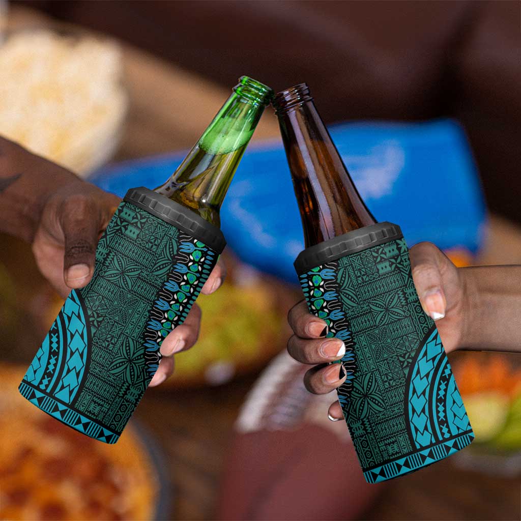 Teal Dashiki and Tapa Pattern 4 in 1 Can Cooler Tumbler Africa-Polynesia Together Culture