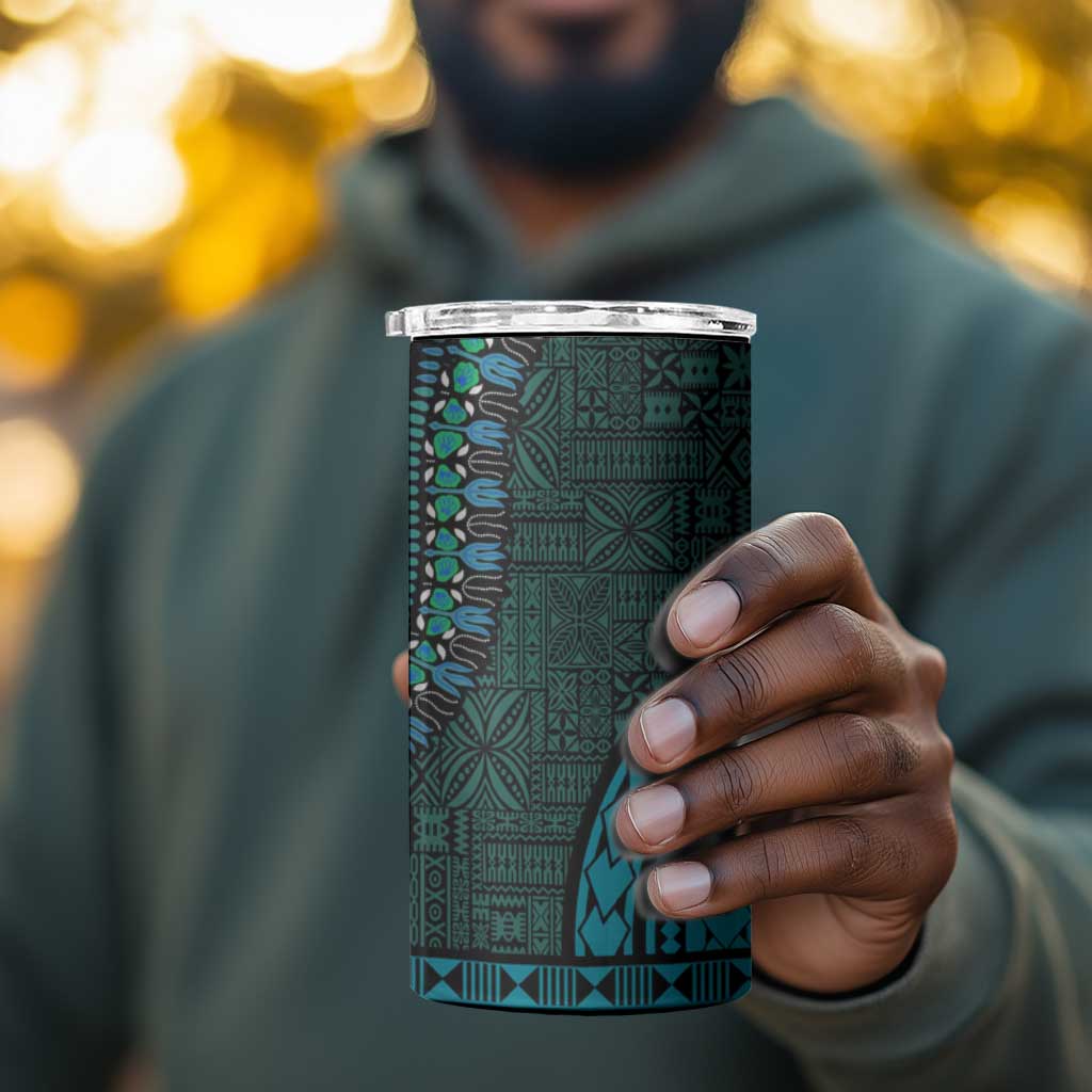 Teal Dashiki and Tapa Pattern 4 in 1 Can Cooler Tumbler Africa-Polynesia Together Culture