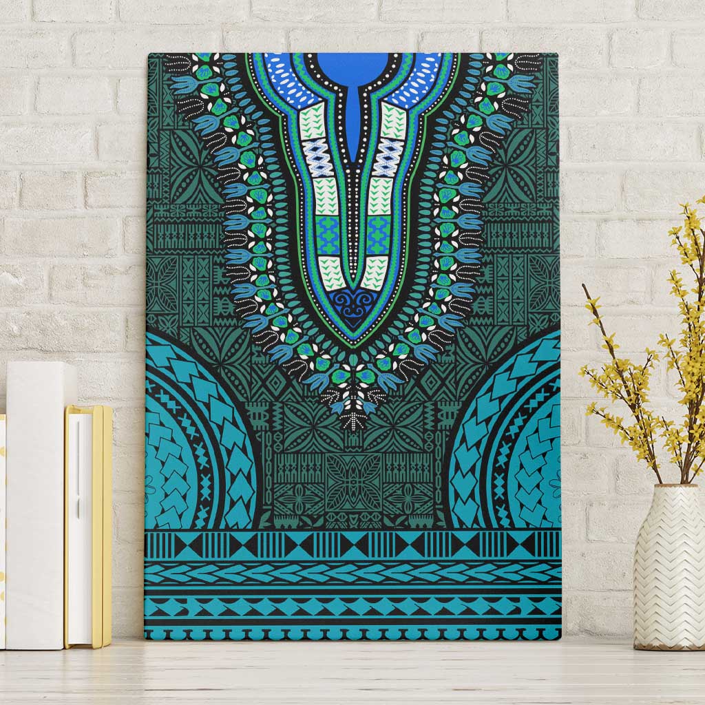 Teal Dashiki and Tapa Pattern Canvas Wall Art Africa-Polynesia Together Culture