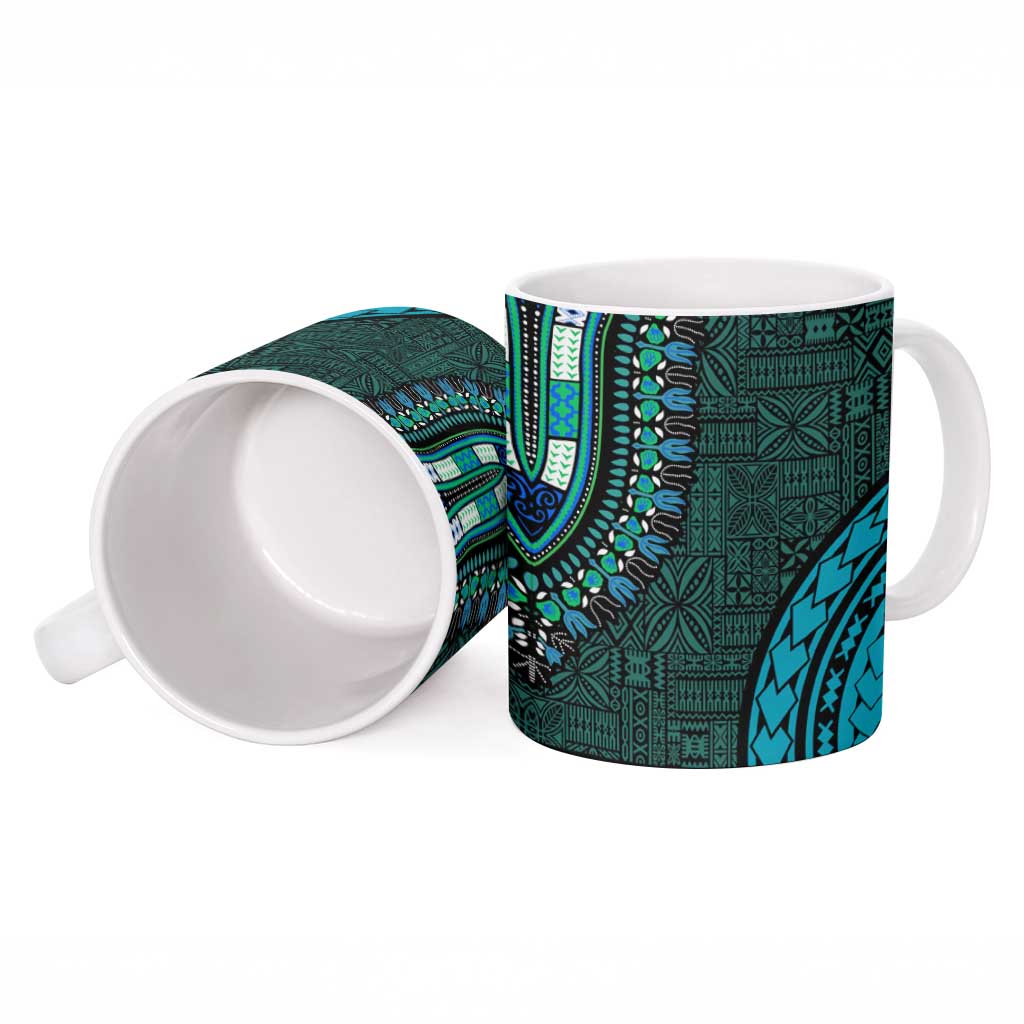 Teal Dashiki and Tapa Pattern Ceramic Mug Africa-Polynesia Together Culture