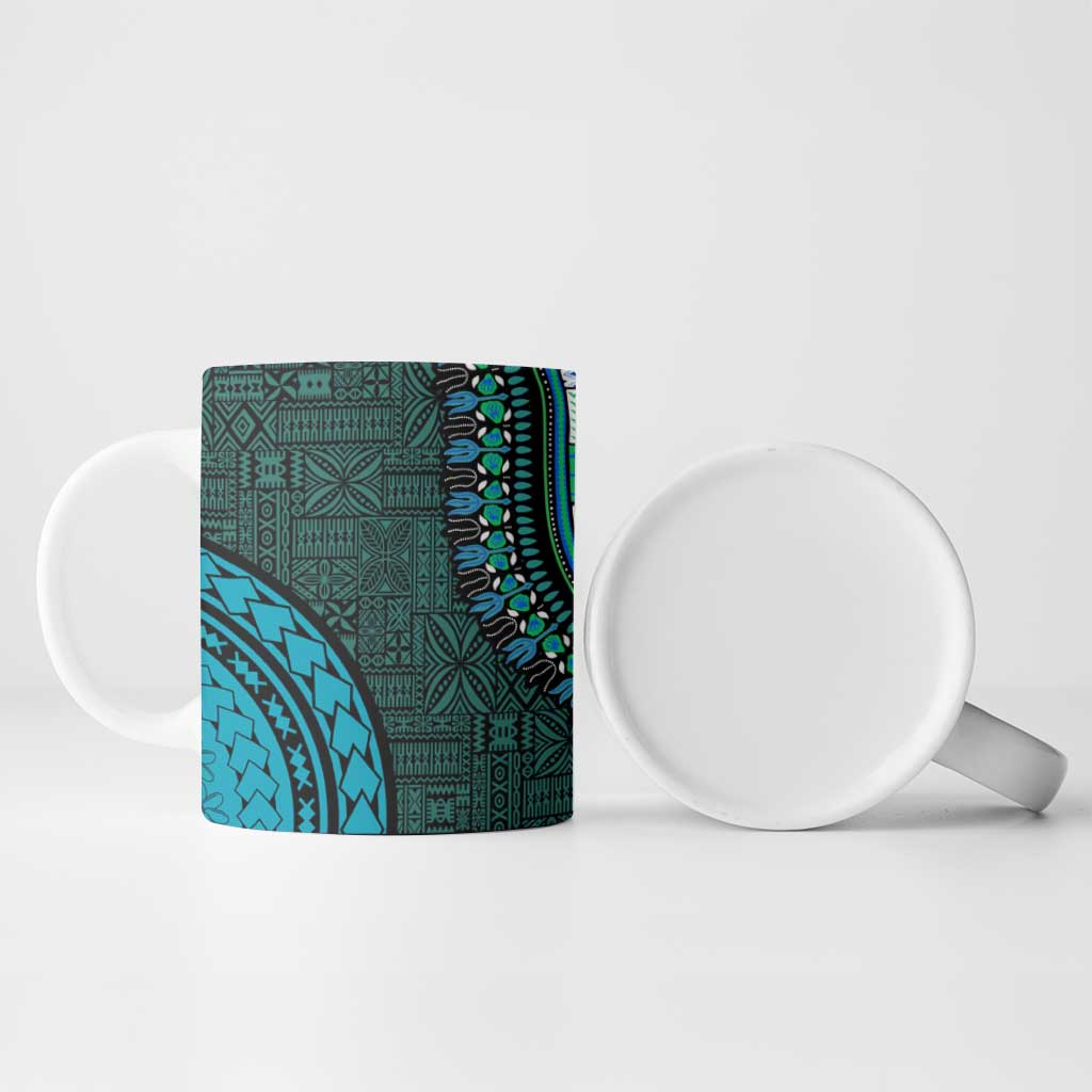 Teal Dashiki and Tapa Pattern Ceramic Mug Africa-Polynesia Together Culture