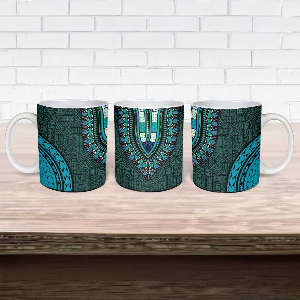 Teal Dashiki and Tapa Pattern Ceramic Mug Africa-Polynesia Together Culture