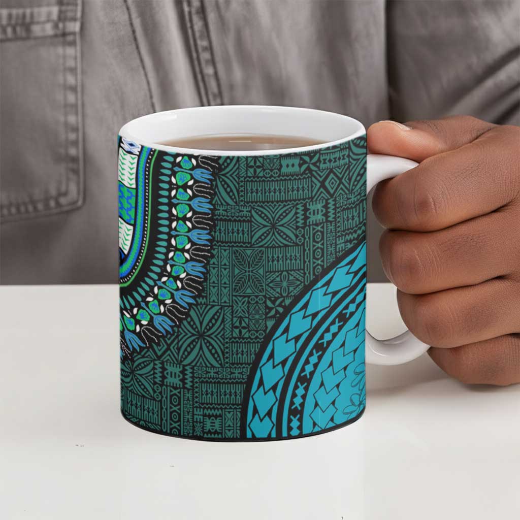Teal Dashiki and Tapa Pattern Ceramic Mug Africa-Polynesia Together Culture