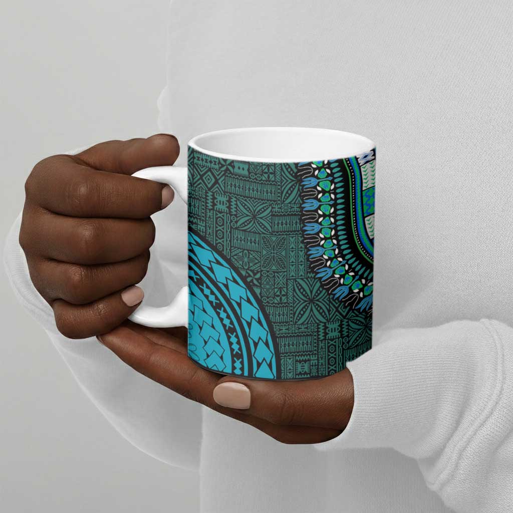 Teal Dashiki and Tapa Pattern Ceramic Mug Africa-Polynesia Together Culture