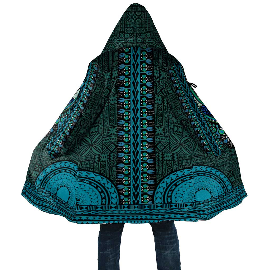 Teal Dashiki and Tapa Pattern Cloak Africa-Polynesia Together Culture