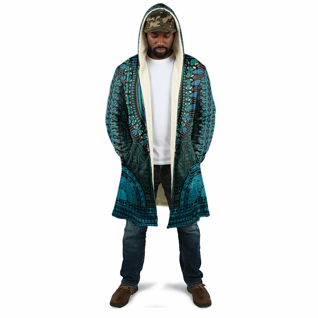 Teal Dashiki and Tapa Pattern Cloak Africa-Polynesia Together Culture