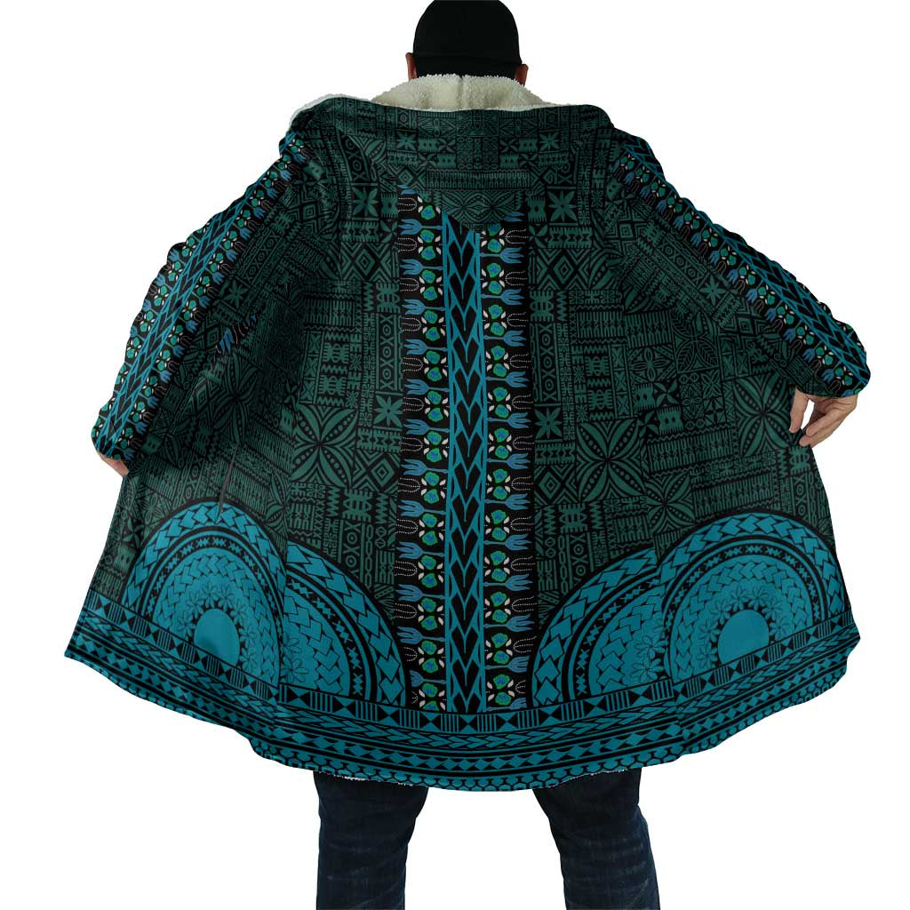 Teal Dashiki and Tapa Pattern Cloak Africa-Polynesia Together Culture