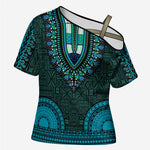 Teal Dashiki and Tapa Pattern Cross Shoulder Shirt Africa-Polynesia Together Culture