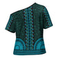 Teal Dashiki and Tapa Pattern Cross Shoulder Shirt Africa-Polynesia Together Culture
