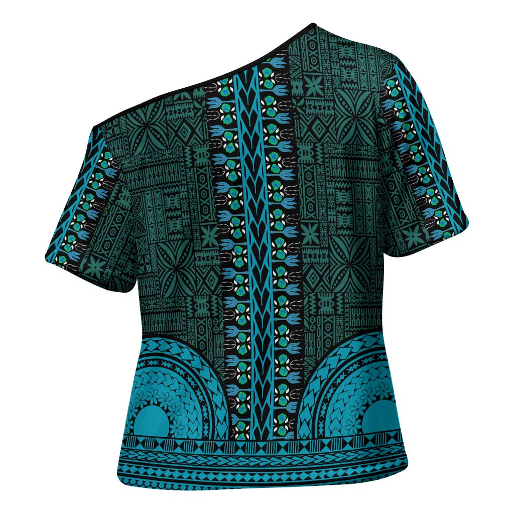 Teal Dashiki and Tapa Pattern Cross Shoulder Shirt Africa-Polynesia Together Culture