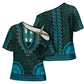 Teal Dashiki and Tapa Pattern Cross Shoulder Shirt Africa-Polynesia Together Culture