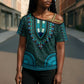 Teal Dashiki and Tapa Pattern Cross Shoulder Shirt Africa-Polynesia Together Culture