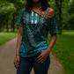 Teal Dashiki and Tapa Pattern Cross Shoulder Shirt Africa-Polynesia Together Culture